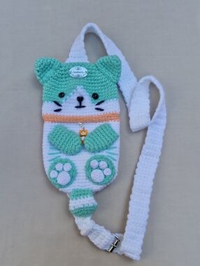 Unisex Mint Green & White Cat Crossbody Pouch with Peach Accents Handmade